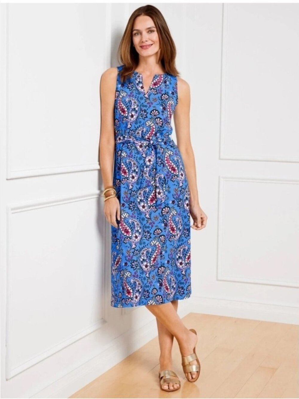 Talbots Seaside Paisley Tie waist Sleeveless Blue Jersey Midi Dress Size XLP